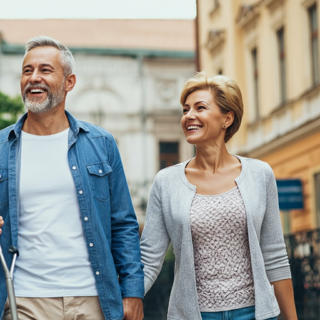 Couple souriant en balade dans une nouvelle ville, heureux d’avoir choisi des services dentaires en Roumanie.